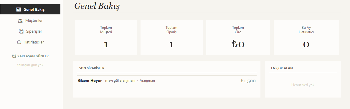 İşletmeler için müşteri, sipariş ve hatırlatıcı yönetim paneli